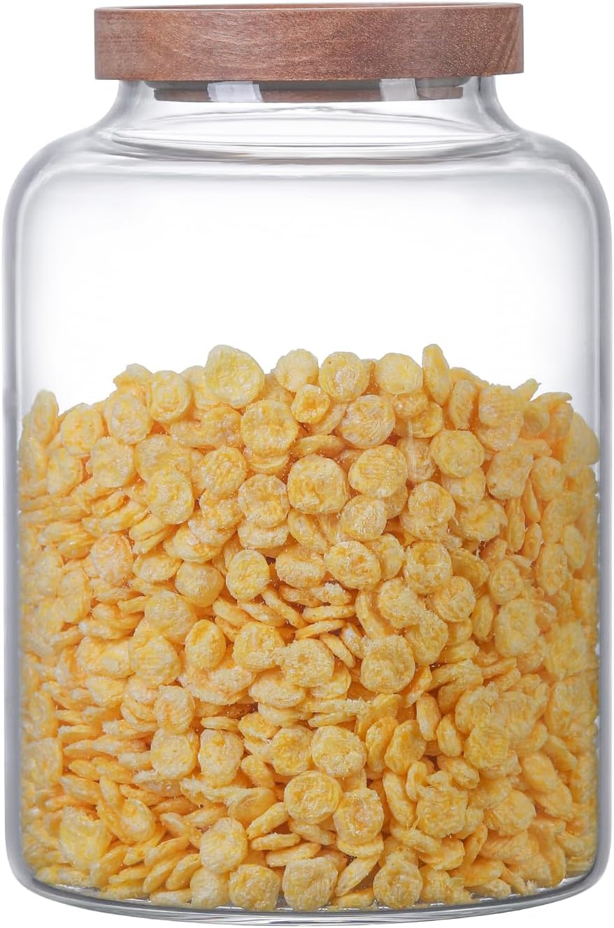 Large Glass Jar with Wooden Lid Glass Sugar Containers Kitchen Canisters Pantry Glass Food Storage Container for Candy Coffee Bean Cereal Flour Cookies