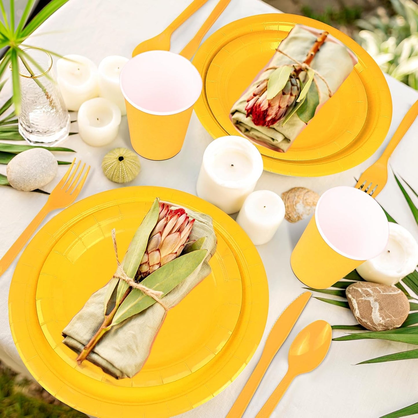 TWOWYHI 228PCS Yellow Party Supplies Set Include Paper Plates Cups Paper Napkins Plastic Spoons Forks Knives for 30 Guests Disposable Party Dinnerware for Birthday Wedding Family Picnic