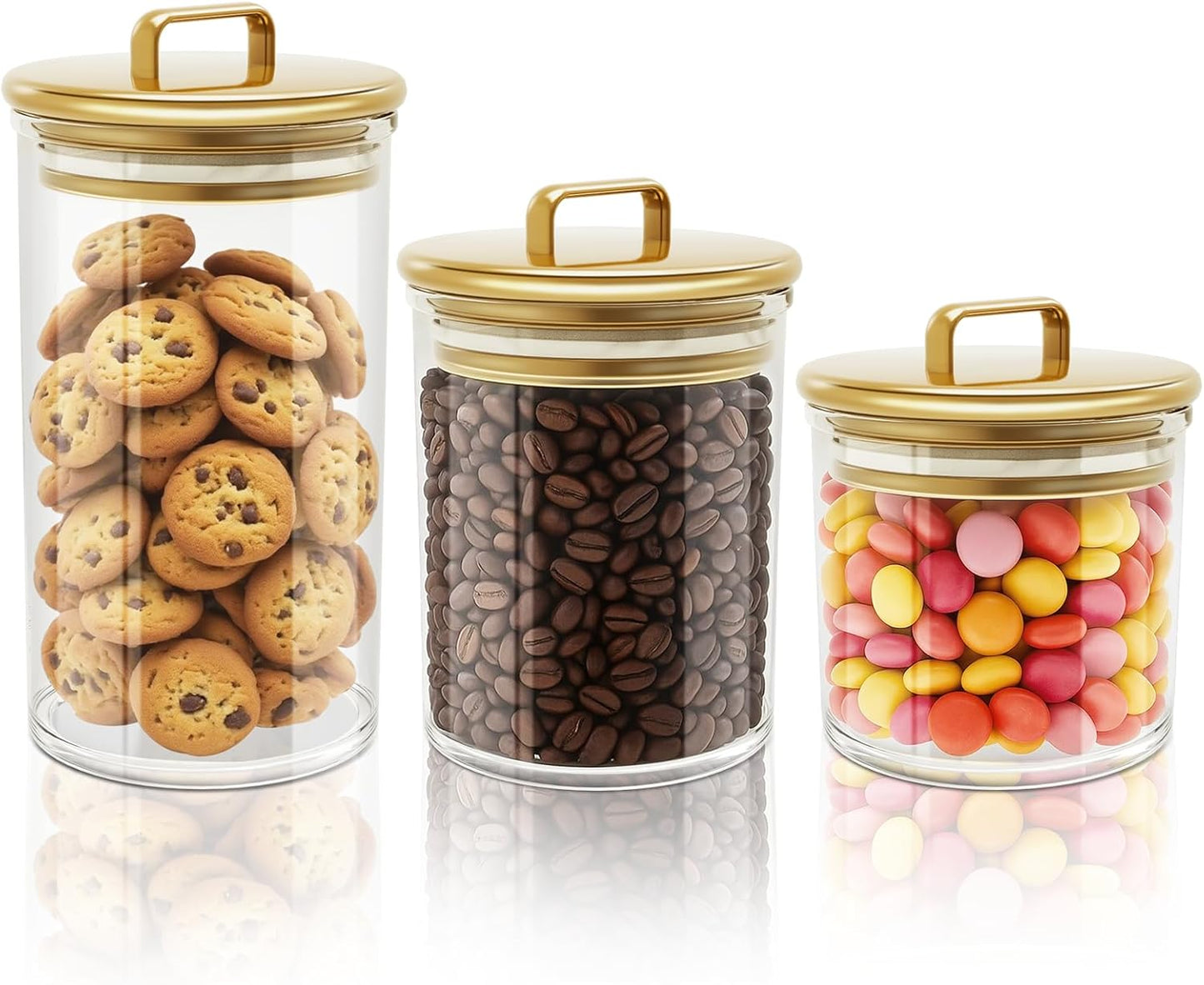 3-Pack Clear Storage Jars with Gold Lids | PET Airtight Containers for Bathroom, Vanity, Kitchen | Decorative Candy Jar, Bath Bomb Holder, Cotton Ball Organizer