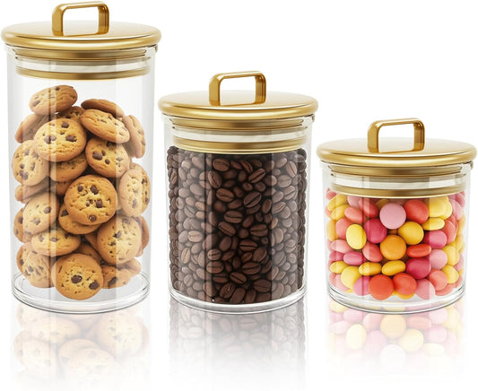 3-Pack Clear Storage Jars with Gold Lids | PET Airtight Containers for Bathroom, Vanity, Kitchen | Decorative Candy Jar, Bath Bomb Holder, Cotton Ball Organizer