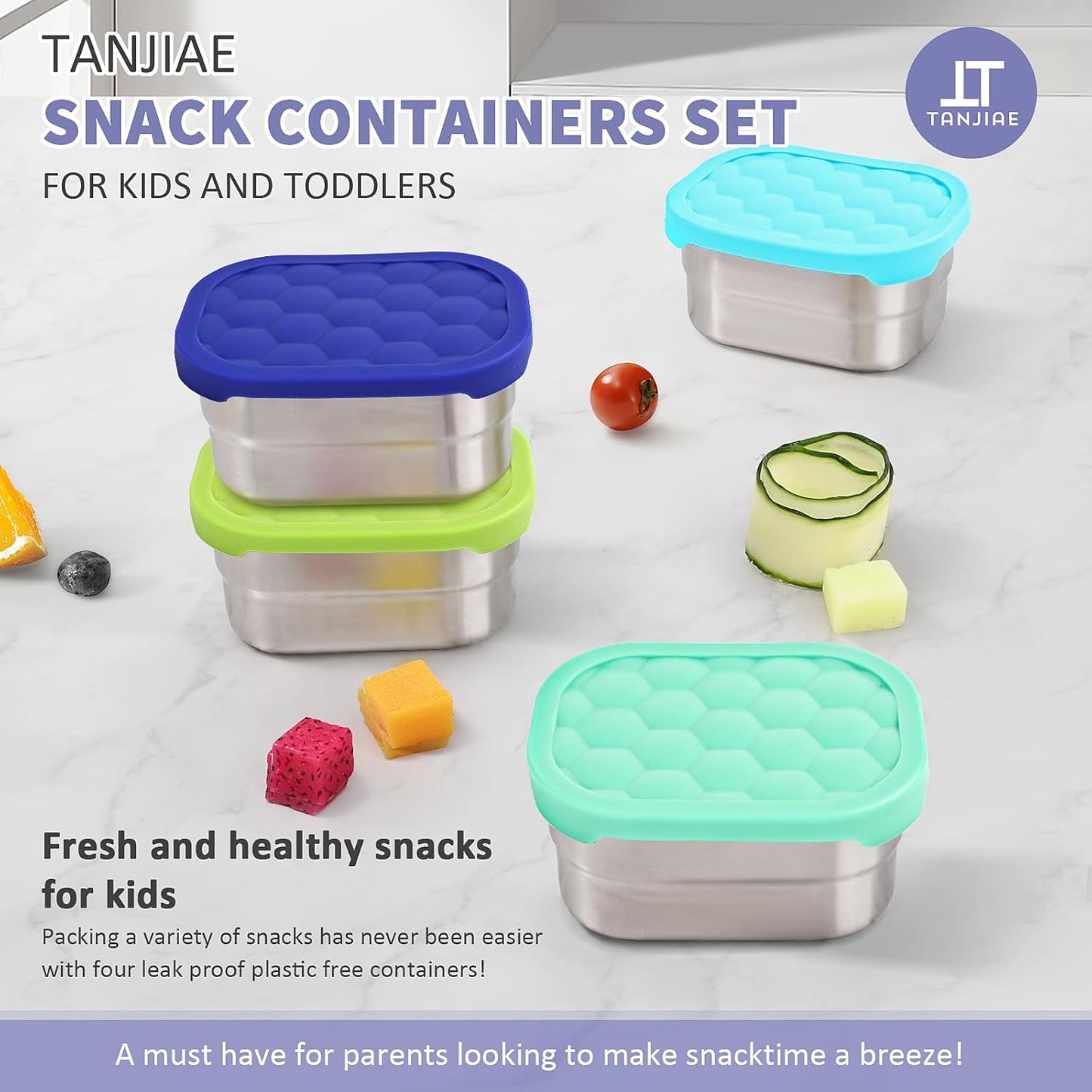 4Pack 8oz Small (1 CUP) Stainless Steel Snack Containers for Kids | Reusable Easy Open Toddler Snack Containers with Silicone Lids | Stackable Toddler Lunch Box for Daycare, School and Travel