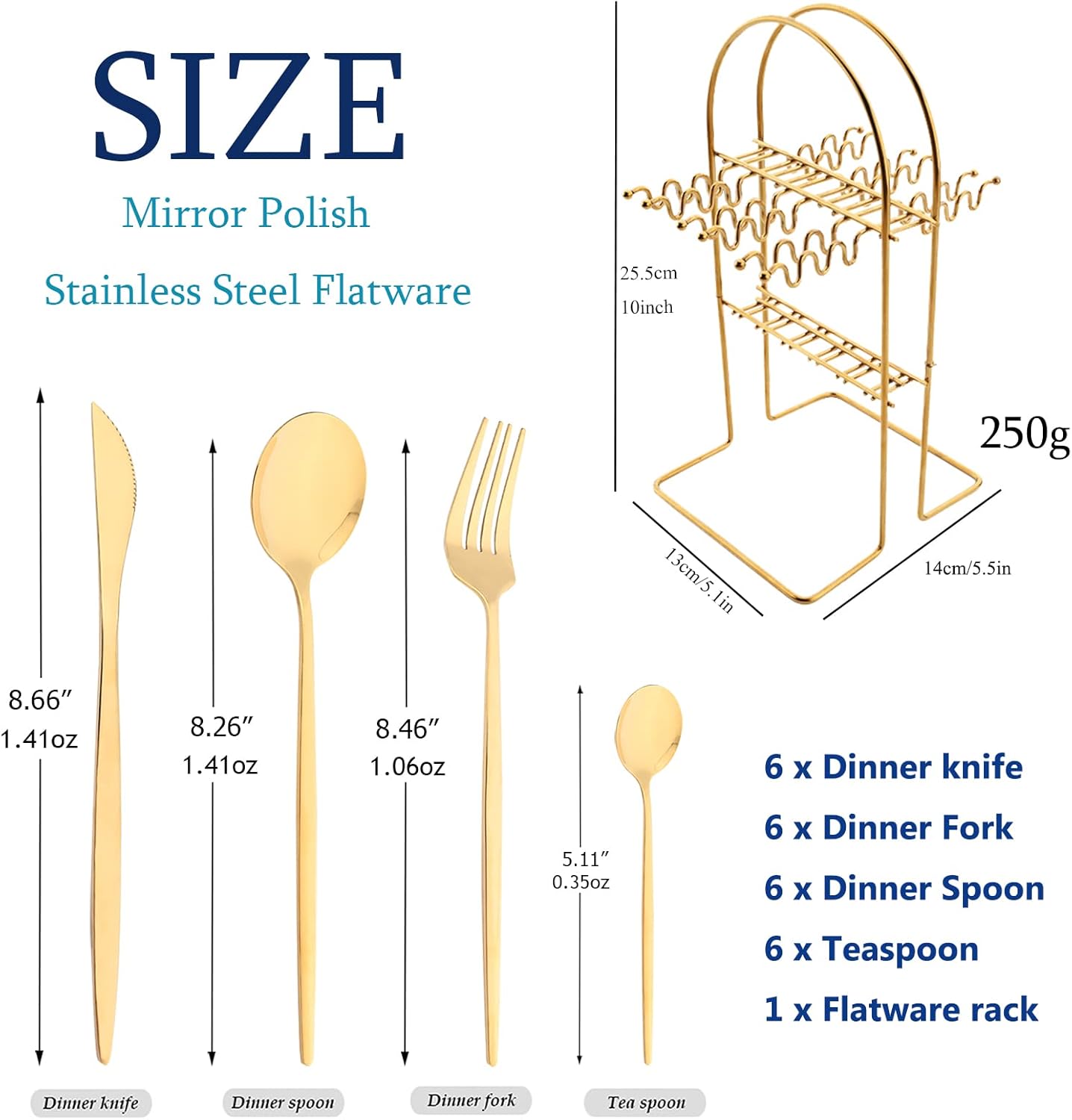 24-Piece Mirror Gold Cutlery Set, Snplowum Stainless Steel Flatware Hanging Tableware Silverware Set Include Knife/Fork/Spoon/Teaspoon and Storage Rack For Daily Use, Service For 6