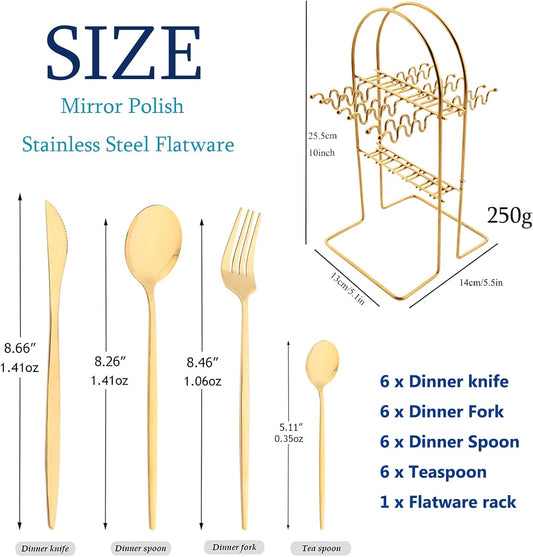 24-Piece Mirror Gold Cutlery Set, Snplowum Stainless Steel Flatware Hanging Tableware Silverware Set Include Knife/Fork/Spoon/Teaspoon and Storage Rack For Daily Use, Service For 6