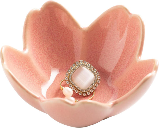 Flower Ring Holder Dish, Ceramic Jewelry Tray Dish, Small Trinket Dish, Jewelry Plate Bowl, Cute Jewlery Ring Holder Dish, Aesthetic Room Decor, Christmas Birthday Gifts for Women, 1 pack (pink)