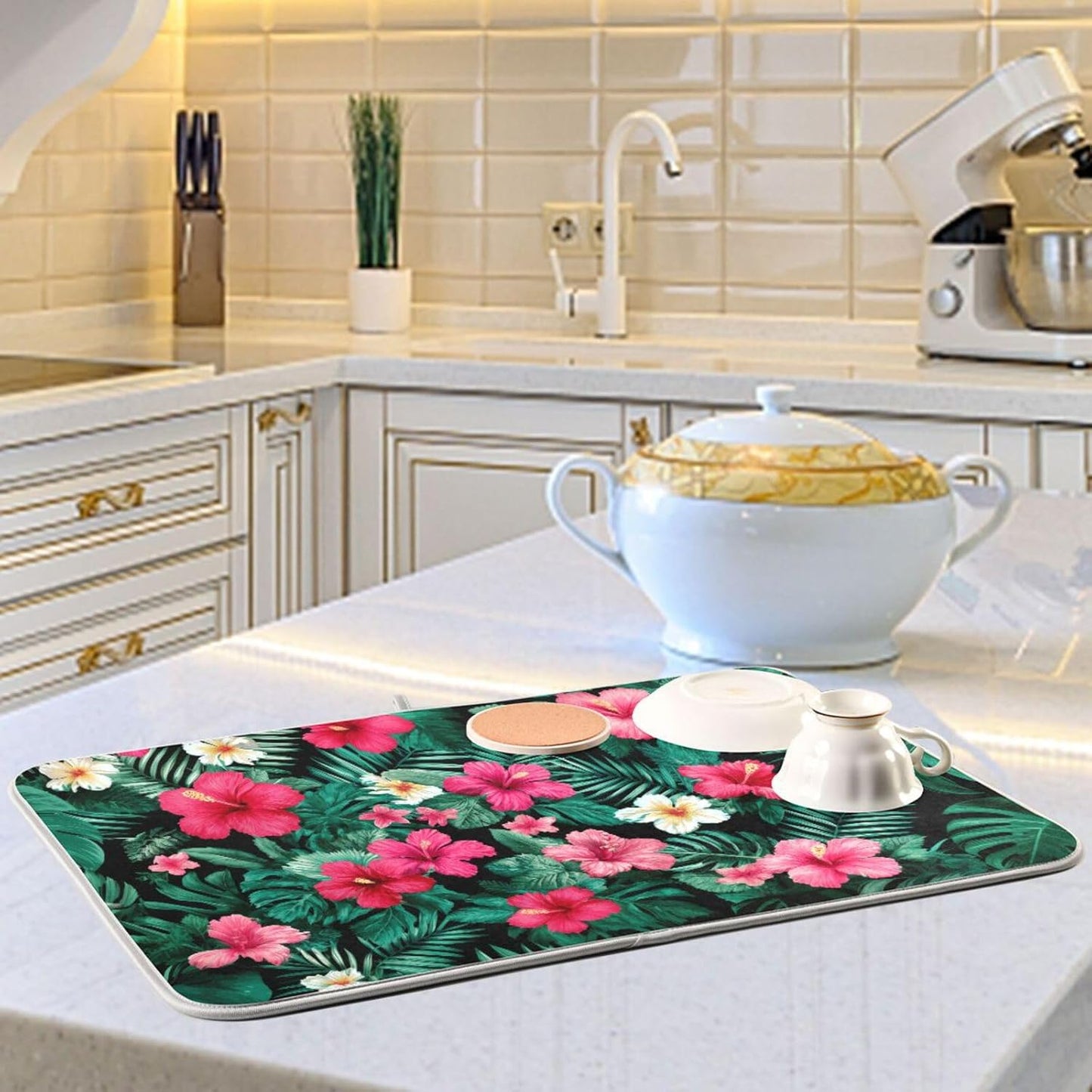 Tropical Flowers Leaves Pattern Dish Drying Mat for Kitchen Counter Super Absorbent Dishes Pad Reversible Microfiber Protector Dish Draining Mats 18x24 inch