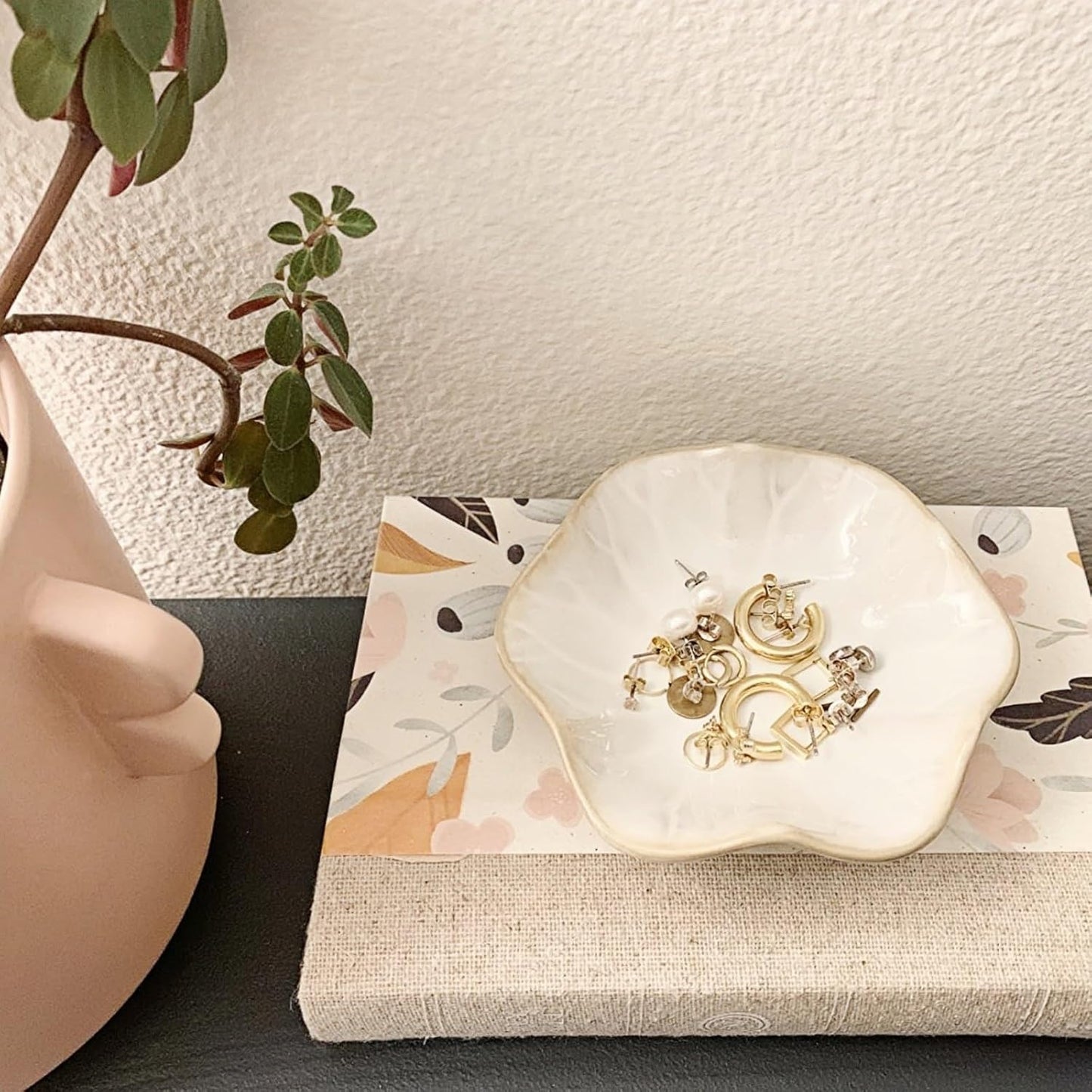 2Pcs Ceramic Jewelry Dish - Lotus Leaf Shape, for Ring Holder Necklace Small Key, Suitable for Mother Friend Sister, Gifts for Women, Cute Plate Trinket Tray, Home Decor (Blue & White)