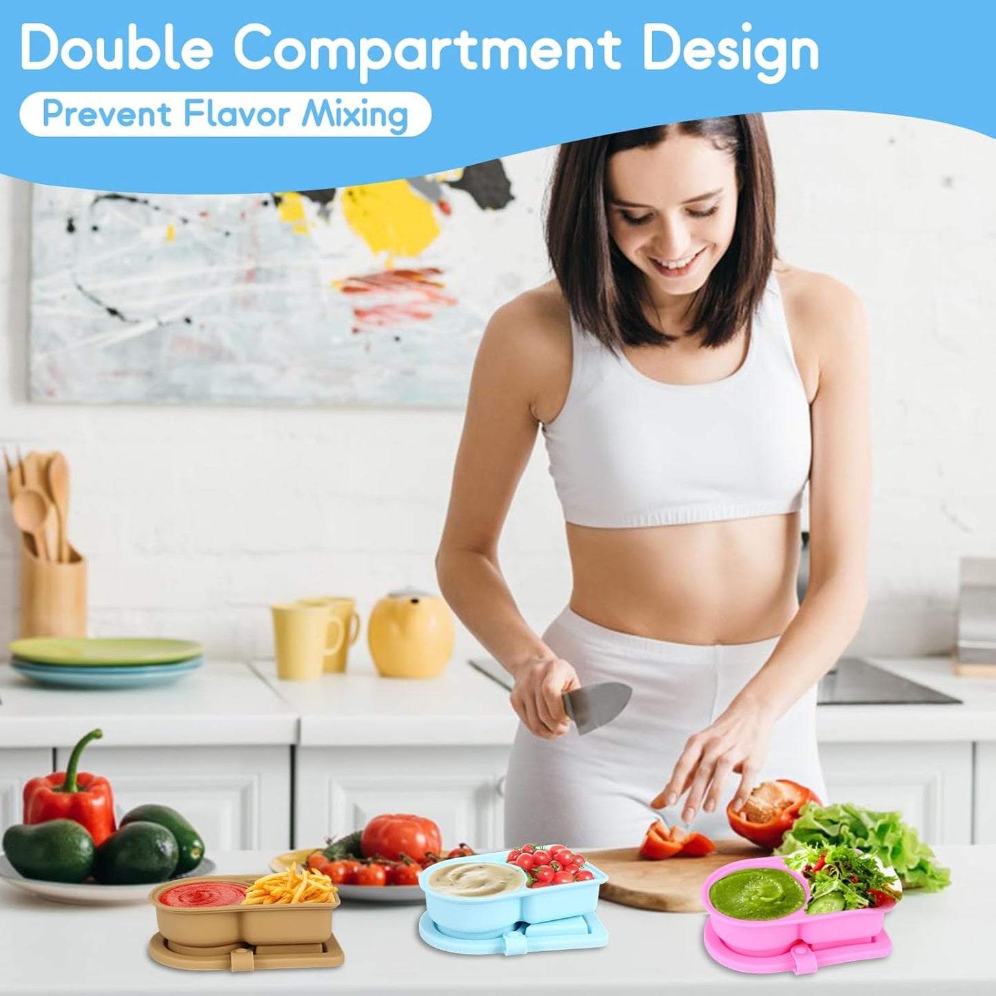 3 Pcs Silicone Snack Containers with Lids, Double Compartment Reusable Snack Containers with Lids and Spoons, Silicone Snack Container Small Mini Food Snack Boxes for Seasoning Salad Sauce