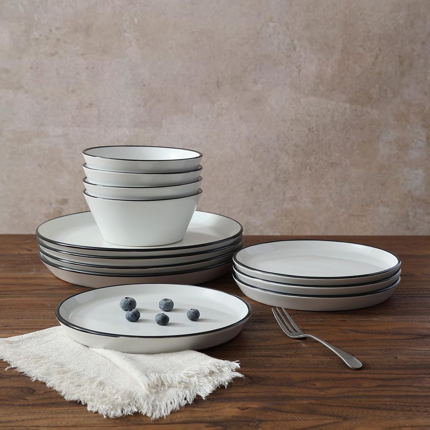 Famiware Saturn Dinnerware Sets, Plates and Bowls Sets for 4, 12 Pieces Stoneware Dish Set - Chip and Scratch Resistant, Microwave and Dishwasher Safe Tableware Set, White with Rim