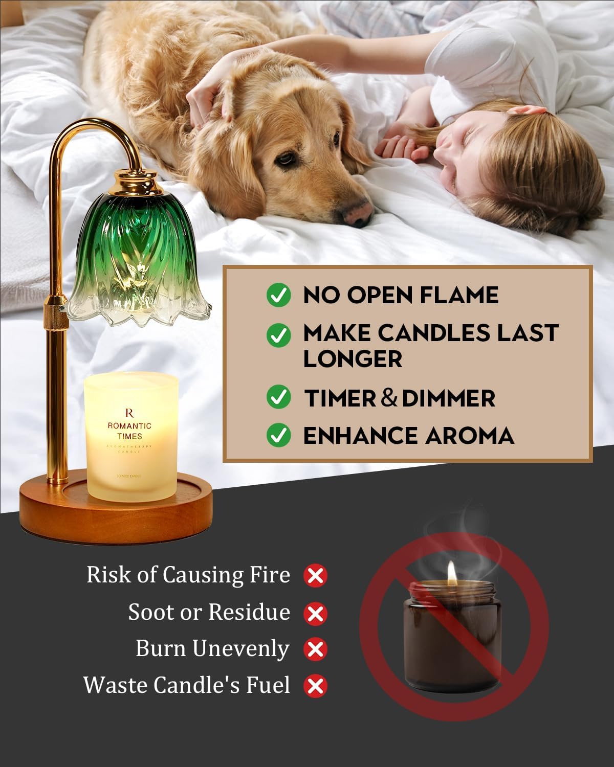 Candle Warmer Lamp, Gold Candle Lamp Warmer with Timer & Dimmer with 2 Bulbs, Birthday Gifts for Women Mom, Christmas Gifts, House Warming Gifts New Home Bedroom Decor, Height Adjustable