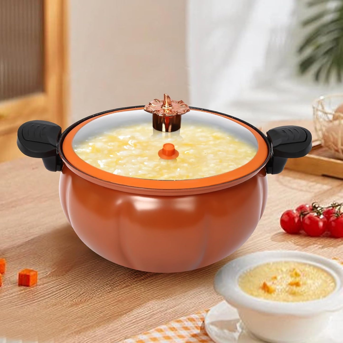 2.11gal Pumpkin Micro Pressure Cooker Non-stick Micro Pressure Cooking Pot with Clear Lid Stew/Soup Pot for Open Flames & Gas Stoves (Orange) Halloween Thanksgiving Decorative Pot Gift