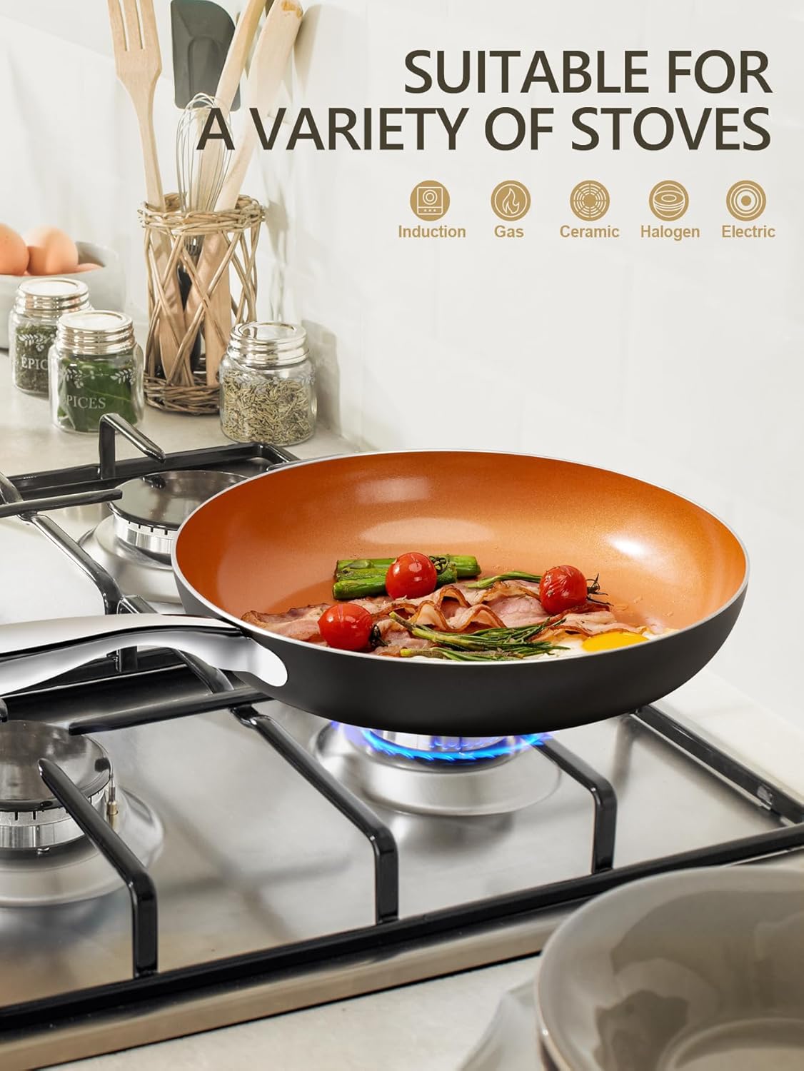 MICHELANGELO 10 Inch Copper Nonstick Frying Pan with Lid, Scratch Resistant Ceramic Coating, Oven and Dishwasher Safe