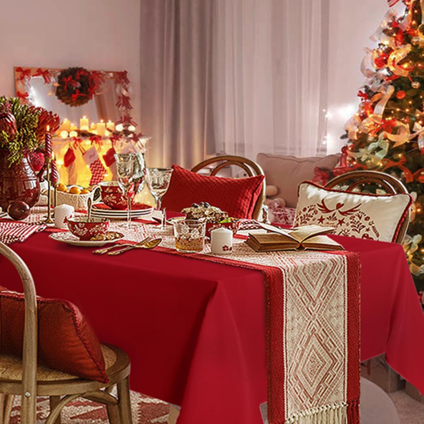 sancua Square Tablecloth - 60 x 60 Inch - Water Resistant Spill Proof Washable Polyester Table Cloth, Decorative Fabric Table Cover for Dining Tables, Buffet Parties, Christmas Red