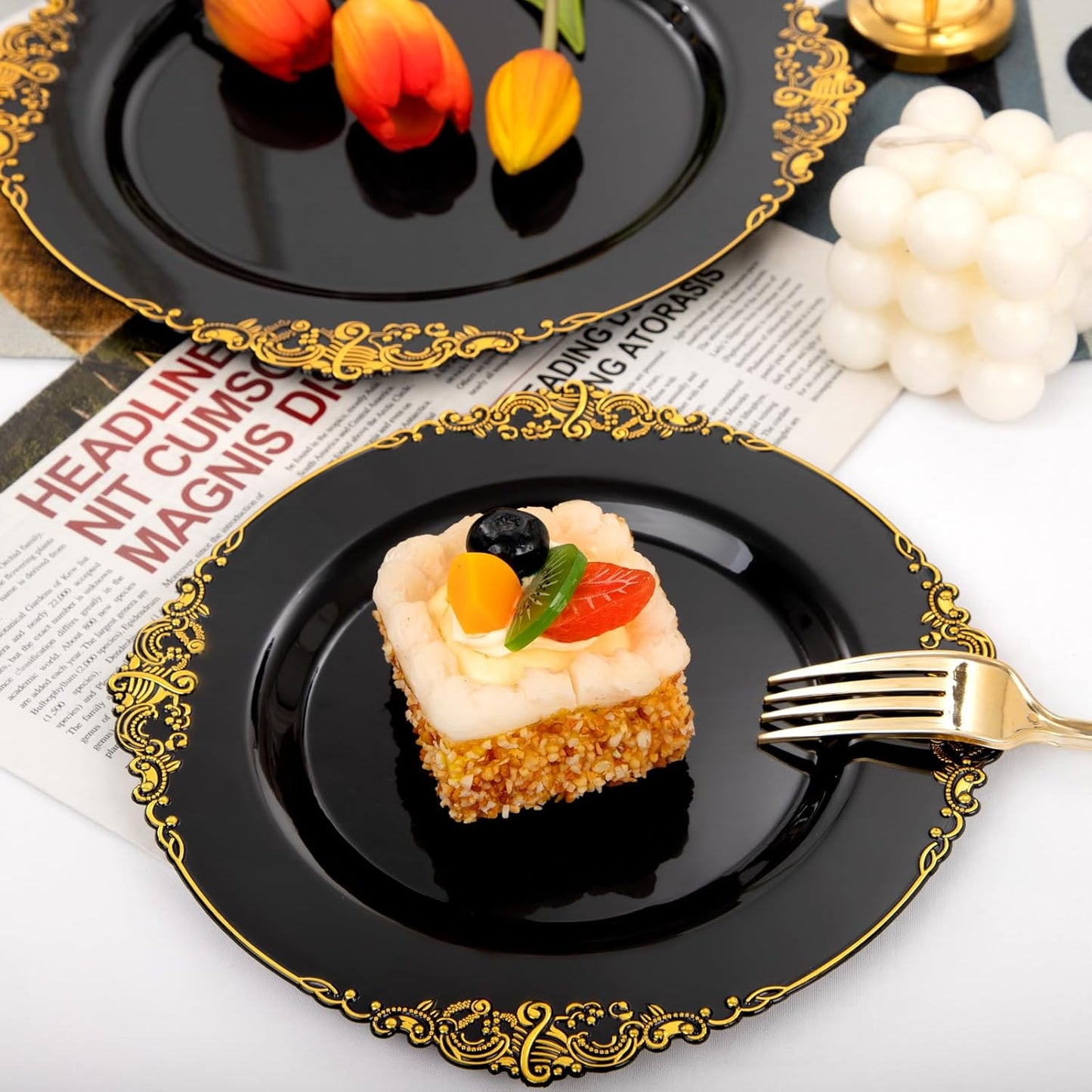 102PCS Black and Gold Plastic Plates - Black Disposable Plates - Heavyweight Disposable Plate with Gold Rim - Fancy Dinner & Dessert Plate for 51 Guests Weddings & Halloween Party