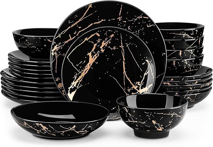 LOVECASA Plates and Bowls Sets for 6, 24 Pieces Porcelain Dinnerware Sets, Black and Gold Dish Set Gold Splash Dishware Sets, Dishwasher Microwave Safe