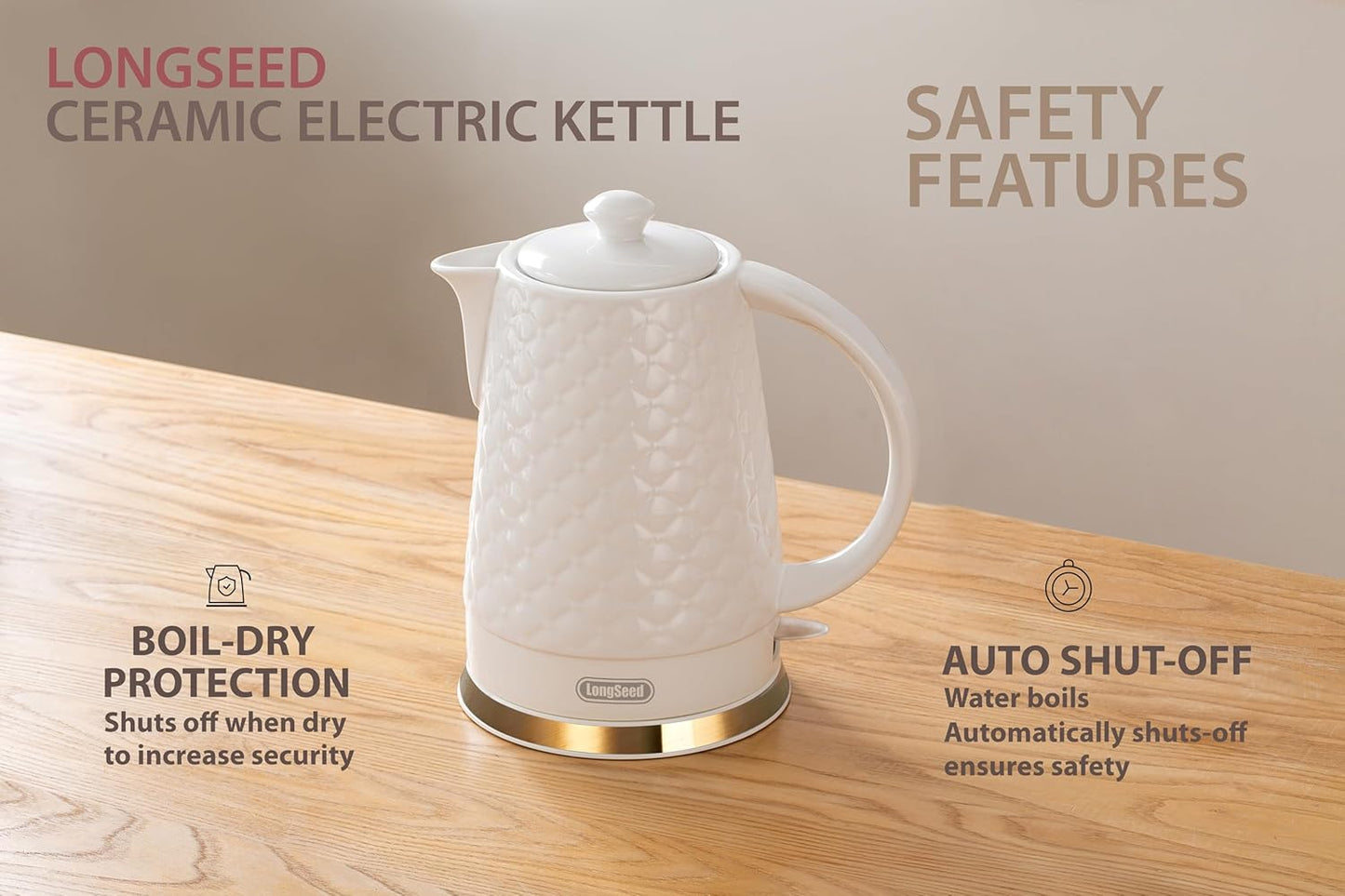Ceramic Electric Kettle, 1.5L/1200W Boil Water Quickly and Easily with Boil-Dry Protection Auto Shut Off, Detachable Swivel Base, White Relief Carving