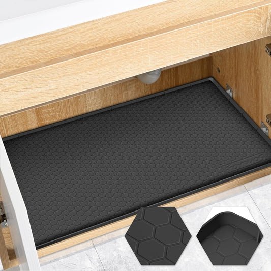 Waterproof Under Sink Mat 31" x 22", Silicone Cabinet Liner, Rubber Protector for Kitchen and Bathroom, Keeps Cabinets Clean, Dry, and Organized (Black)