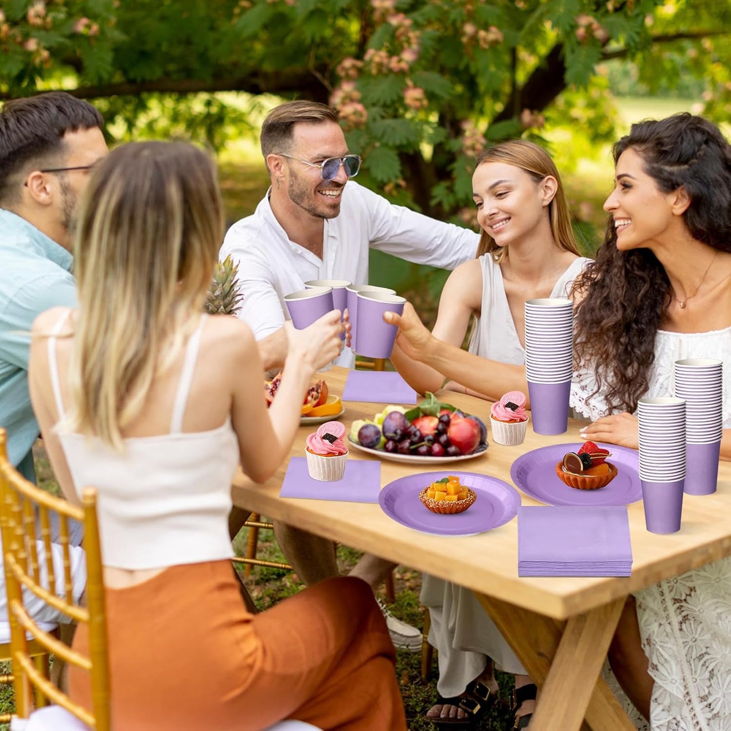 Tioncy 200 Pcs Disposable Paper Plates Cups and Napkins Party Supplies Serve 50 Guests Disposable Paper Dinnerware Set for Halloween Birthday Wedding Baby Shower Family Picnic(Purple)