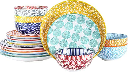 Selamica Ceramic Dinnerware Sets for 6, 18 Pieces Plates and Bowls Set, Scratch Resistant Dishes Set, Dishwasher&Microwave Safe, Assorted Colors