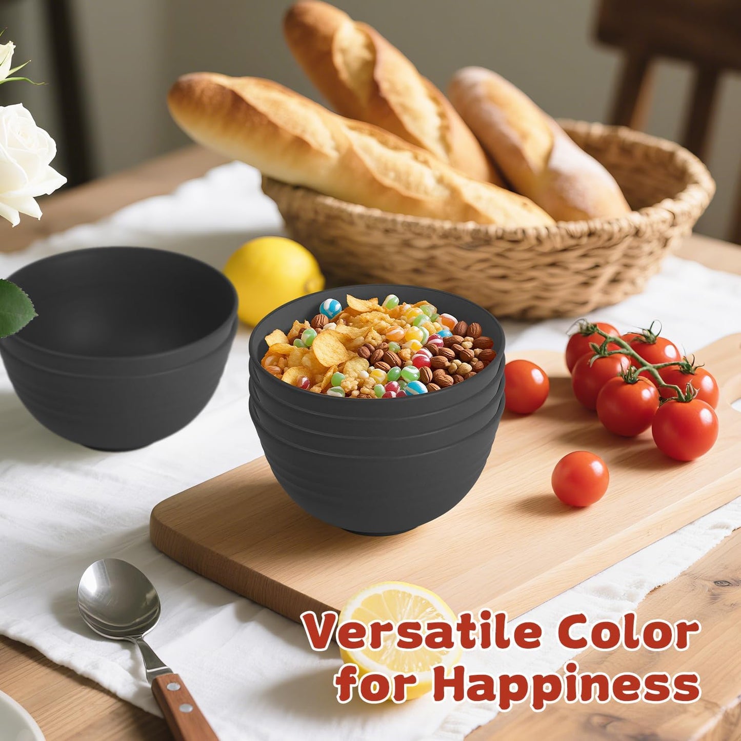 Wrova Handy Wheat Straw Bowls Set of 6,Unbreakable Ice-Cream Bowls Sets for Kids,10oz Small Dessert Bowls for Kitchen,Camping and RV.Black Series