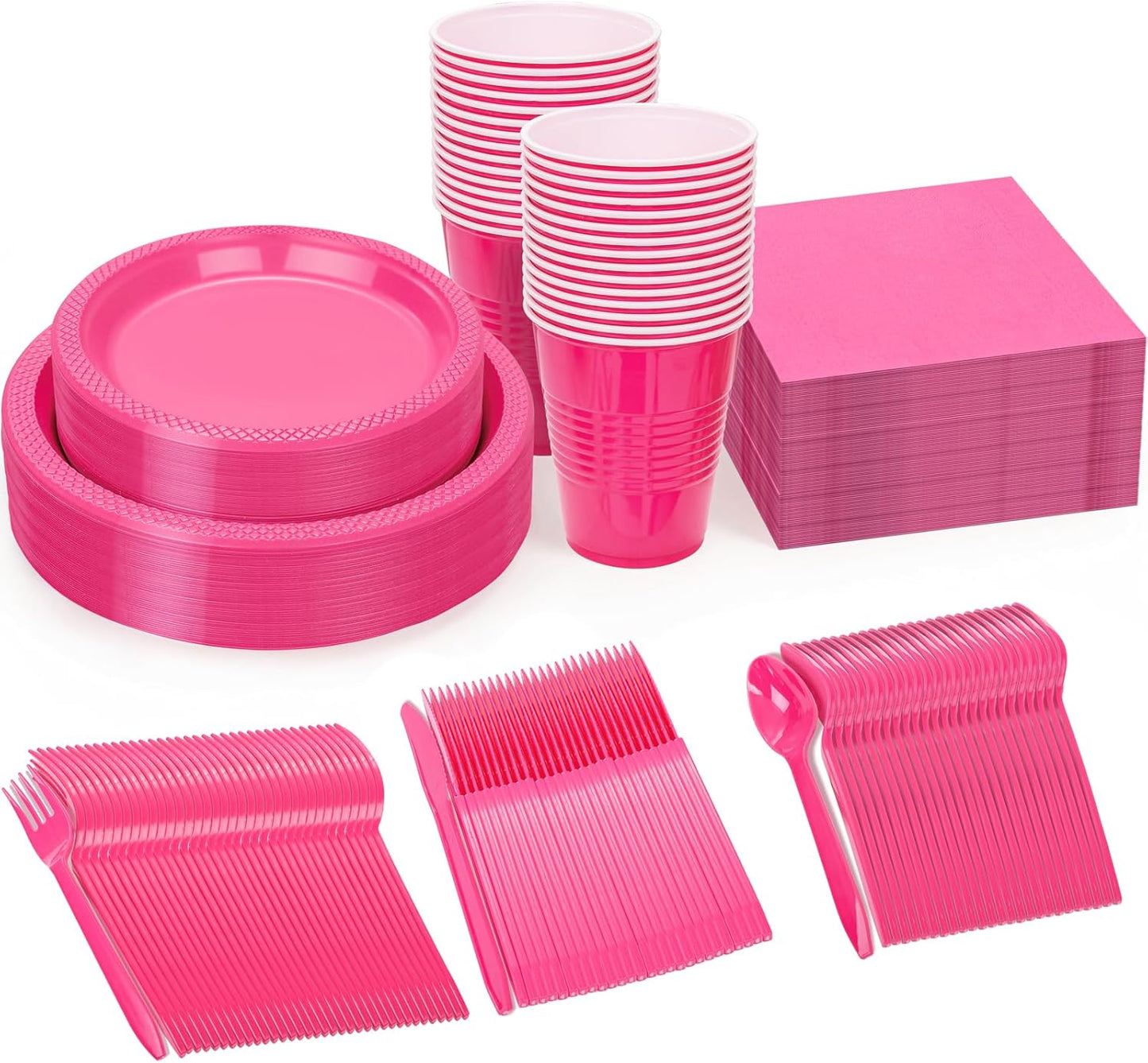 WELLIFE 210Pcs Hot Pink Plastic Plates, Disposable Dinnerware Set, Party Supplies Including Hot Pink plates, 12oz Cups, plastic Cutlery and Napkins Serve 30 Guests, Plastic Plates for Party