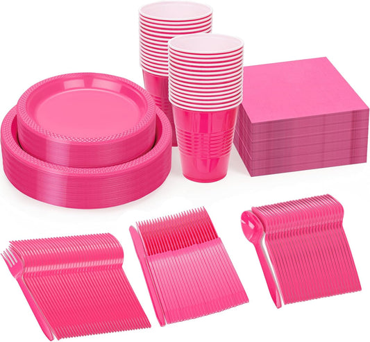 WELLIFE 210Pcs Hot Pink Plastic Plates, Disposable Dinnerware Set, Party Supplies Including Hot Pink plates, 12oz Cups, plastic Cutlery and Napkins Serve 30 Guests, Plastic Plates for Party
