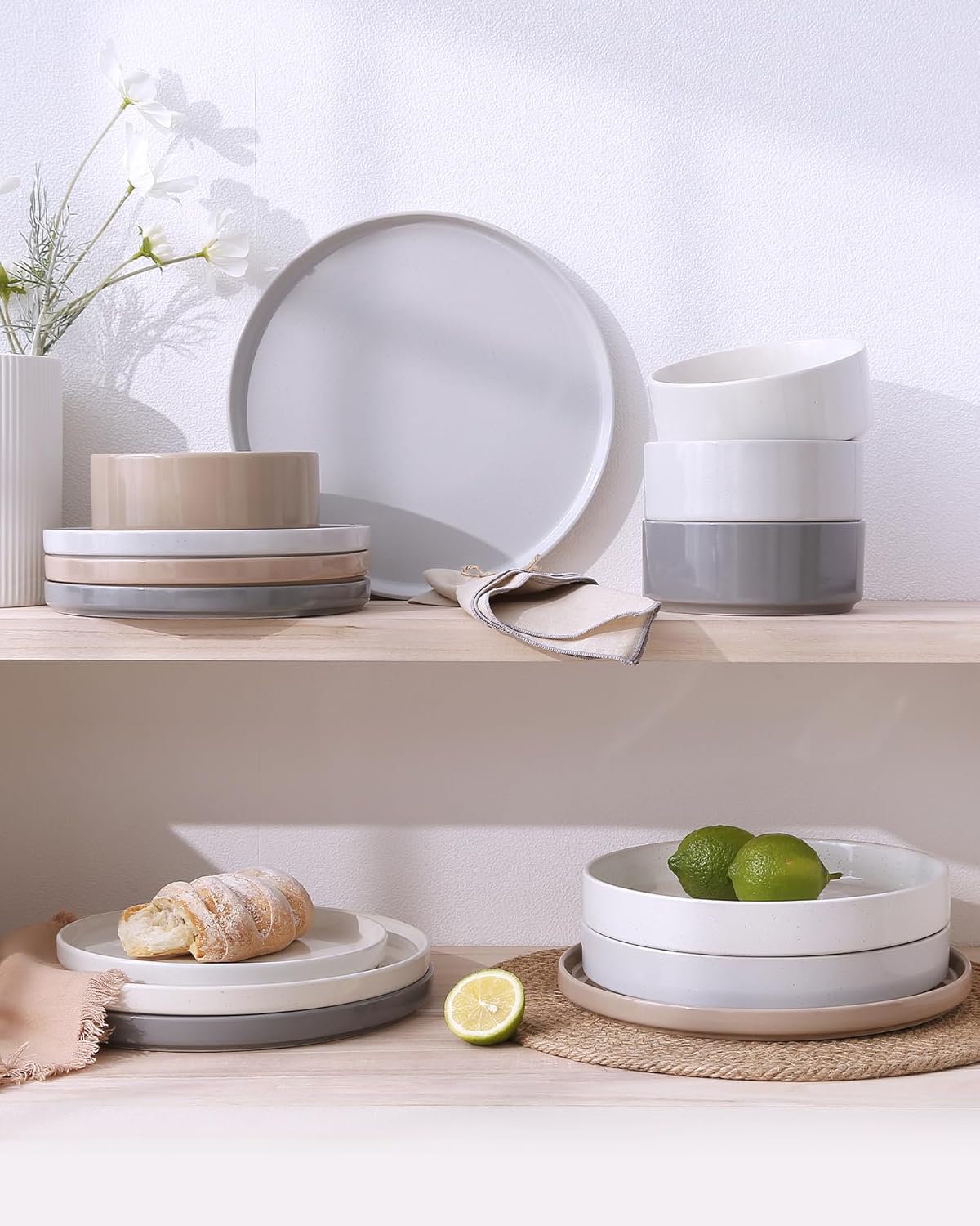 Famiware Nebula Dinnerware Set with Pasta Bowls, Service for 4 (16pcs), Fine Stoneware Plates and Bowls Sets, Microwave and Dishwasher Safe Dishes Set, Multi-color