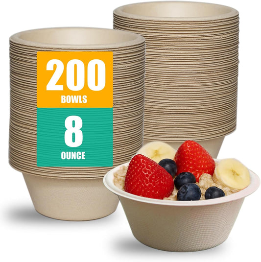 200 Count 8 oz Paper Bowls, Small Disposable Compostable Bowls, Heavy Duty Biodegradable Sugarcane Bagasse Bowl for Snacks, Fruits, Desserts, Natural