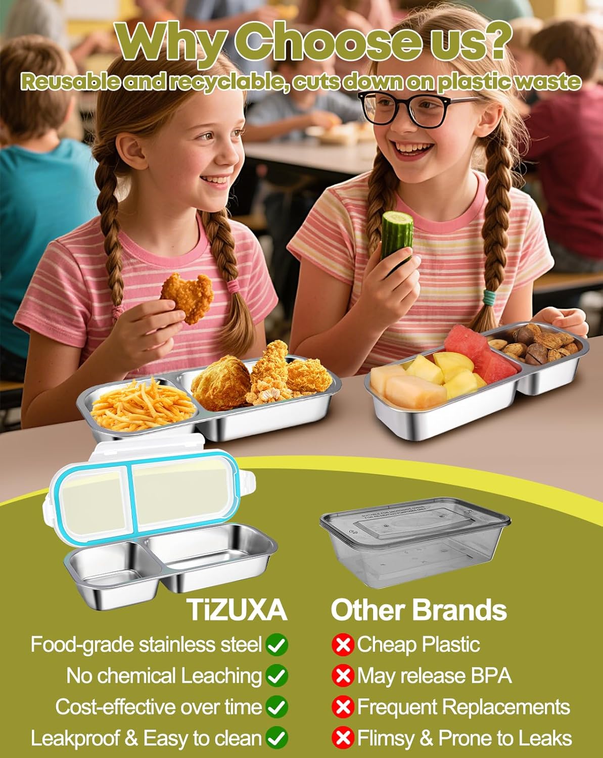 2Pack Stainless Steel Snack Containers for Kids Adults, Reusable 2 Compartment Snackle Box Container with Leakproof Lids Metal Bento Lunch Boxs Food Storage Containers for Travel Picnics Office School