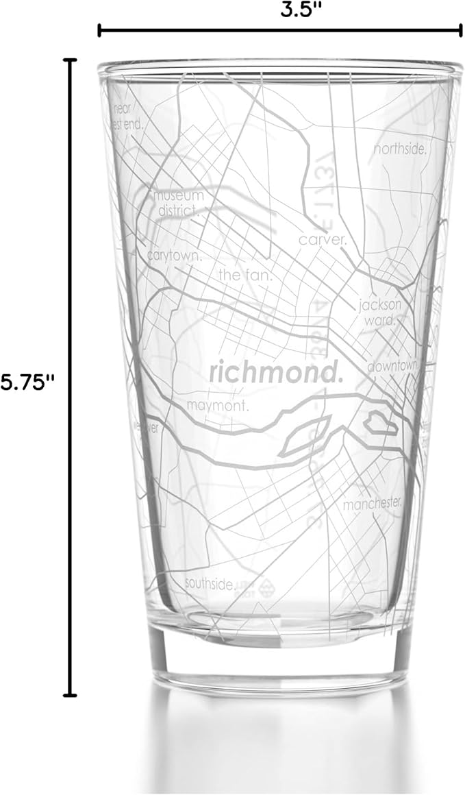 Well Told Engraved Richmond Virginia Map Pint Glass, Etched Beer Gift (16 oz, Clear) City Map Pint, Custom City Glassware, Gifts For Beer Lovers