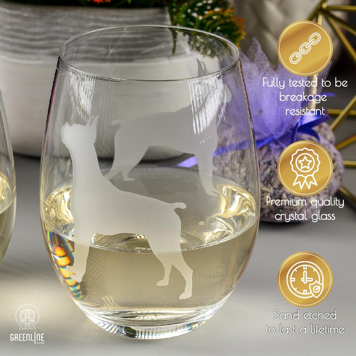 Boxer Stemless Wine Glasses (Set of 2) - Unique Gift for Dog Lovers - Hand Etched with Breed Name on Bottom