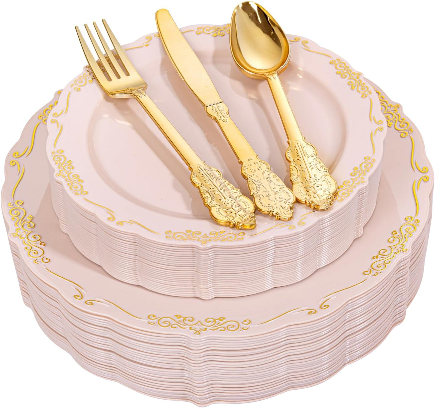 DaYammi 150Pcs Pink Gold Plastic Plates & Disposable Silverware, Pink Disposable Plates for Party Include 30 Dinner Plate,30 Dessert Plate,30 Knives,30 Forks,30 Spoons for Wedding Catering