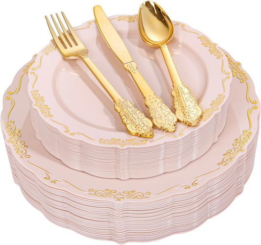 DaYammi 150Pcs Pink Gold Plastic Plates & Disposable Silverware, Pink Disposable Plates for Party Include 30 Dinner Plate,30 Dessert Plate,30 Knives,30 Forks,30 Spoons for Wedding Catering