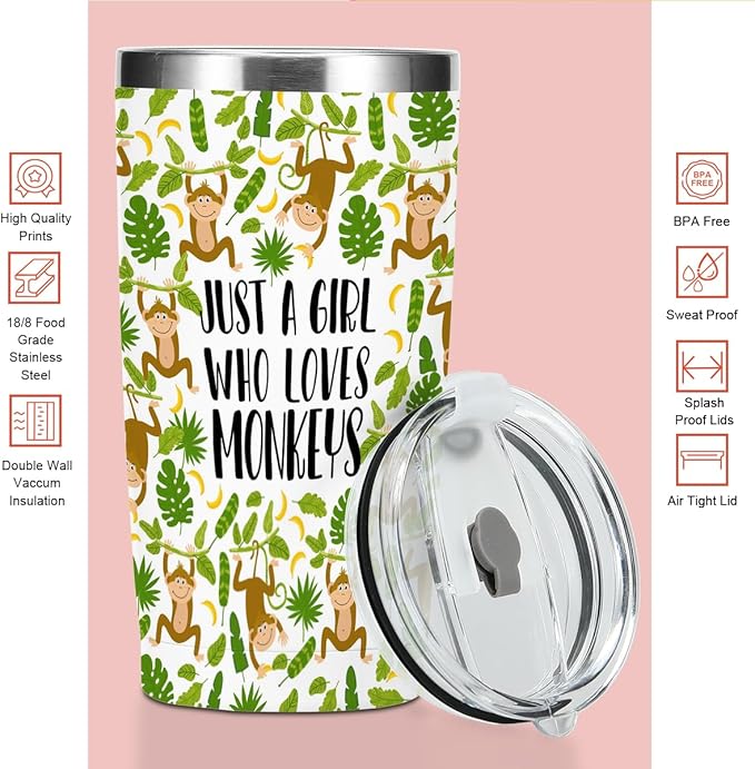 Cute Monkey Print Tumbler,Monkey Gifts 20 oz Stainless Steel Coffee Mug，Travel Cup，Insulated Cup with Lid for Car, Perfect Gifts for Women Monkeys Lover Friend Mom Sister Christmas Birthday
