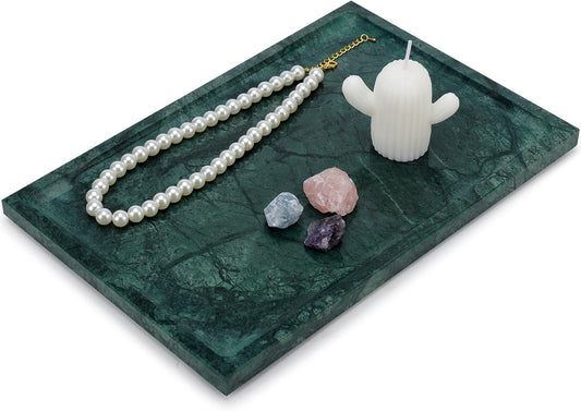 Real Luxurious Natural Marble Tray - 12x8 Inch Marble Vanity Tray for Perfume Display, Jewelry Organizer, Bathroom & Home Decor -Heavy Duty Non-Slip Stone Tray (Non-Resin/Non-Ceramic)（Green）