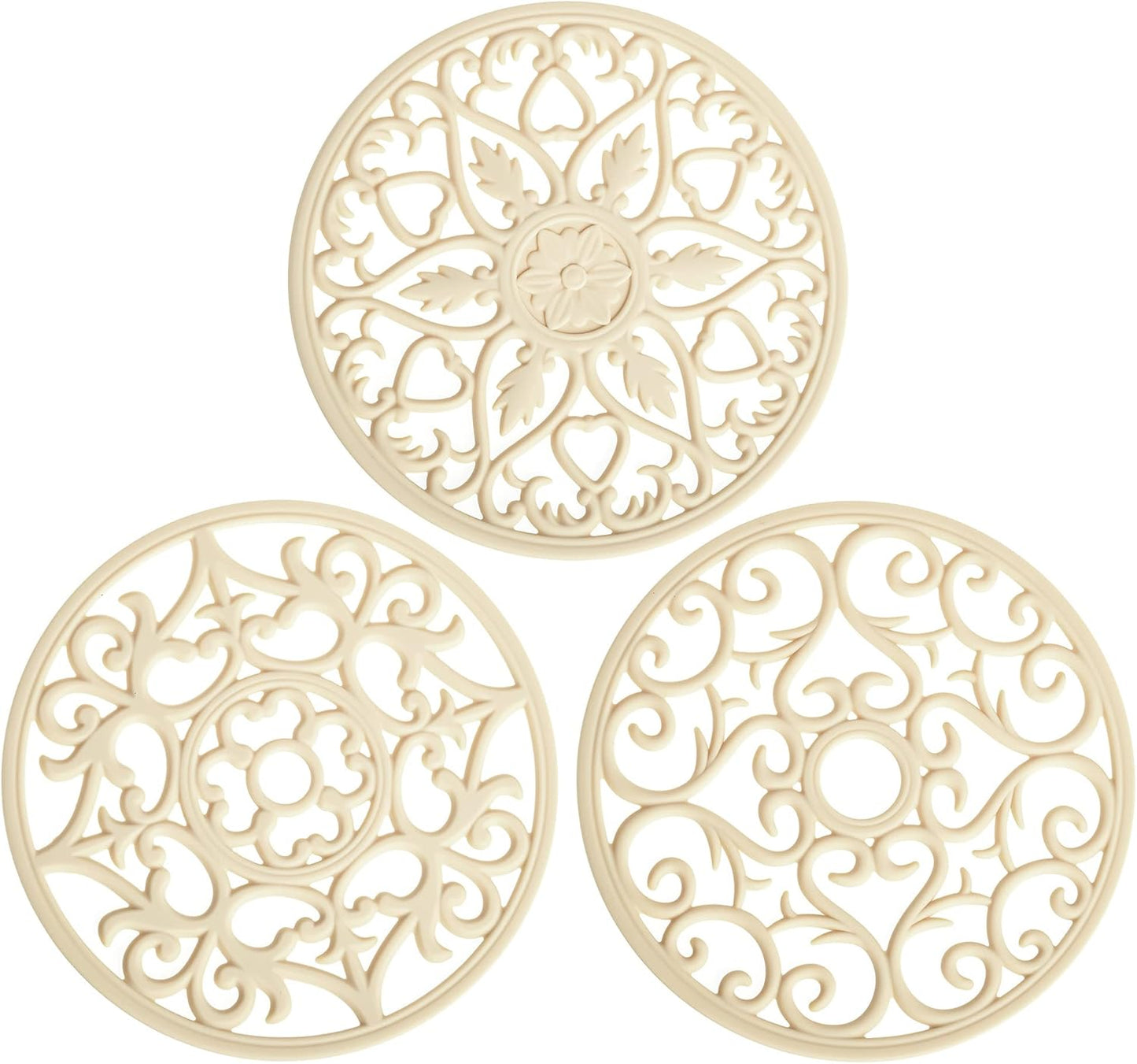 Smitchraft Silicone Trivets for Hot Dishes, Pots & Pans, Multi-Use Hot Pads Kitchen Quartz Countertops, Pot Holders Trivet Mat, Non-Stick Carved Heat Resistant Mats for Counter & Table, Set 3 Biege