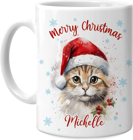 Hyturtle Personalized Gifts Cat Lover - Cat Wearing Santa Hat Custom Name Ceramic Coffee Mug Cup 11oz - Cute Animal Lovers Gifts For Women, Girl kids Family On Birthday, Christmas
