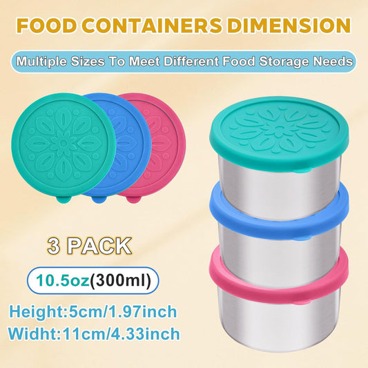 Cmonie 3Pack Stainless Steel Containers with Lids,10/20/33 oz Easy Open Leak Proof Metal Snack Containers,Food Storage Bento Box for Snacks, Fruits (3Pcs-10 oz)