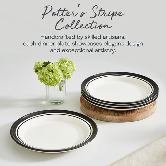 Portmeirion Potter's Stripe 10.5" Dinner Plate (Set of 4) - Handcrafted Earthenware Plates with Accent Rim, Microwave & Dishwasher Safe - Ideal Tableware for Modern & Traditional Dining (Black Stripe)