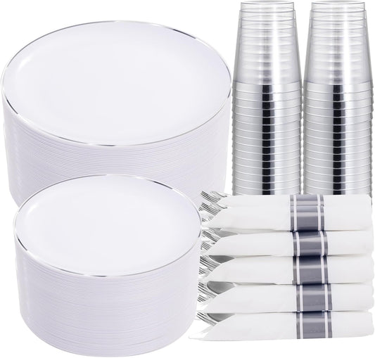 KIRE 350 PCS Plastic Dinnerware Set for 50 Guests, Silver Plastic Plates Include 50 Dinner, 50 Dessert Plates, 50 Pre Rolled Napkins with Silverware, 50 Cups for Wedding, Party, Banqet, Christmas