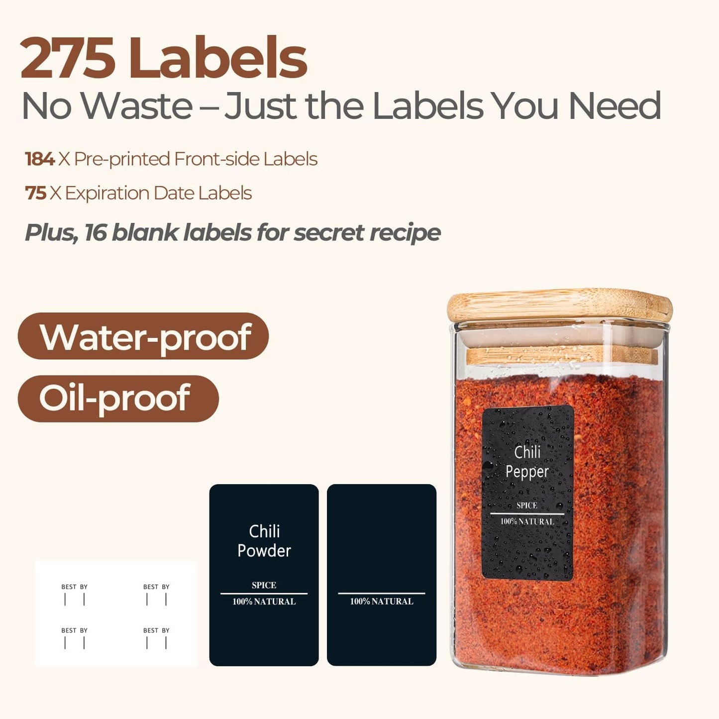 ComSaf 16Pcs Glass Spice Jars with Bamboo Lid, 10oz Airtight Square Containers with 275 Black Lables, Empty Seasoning Jars for Spice Salt Sugar