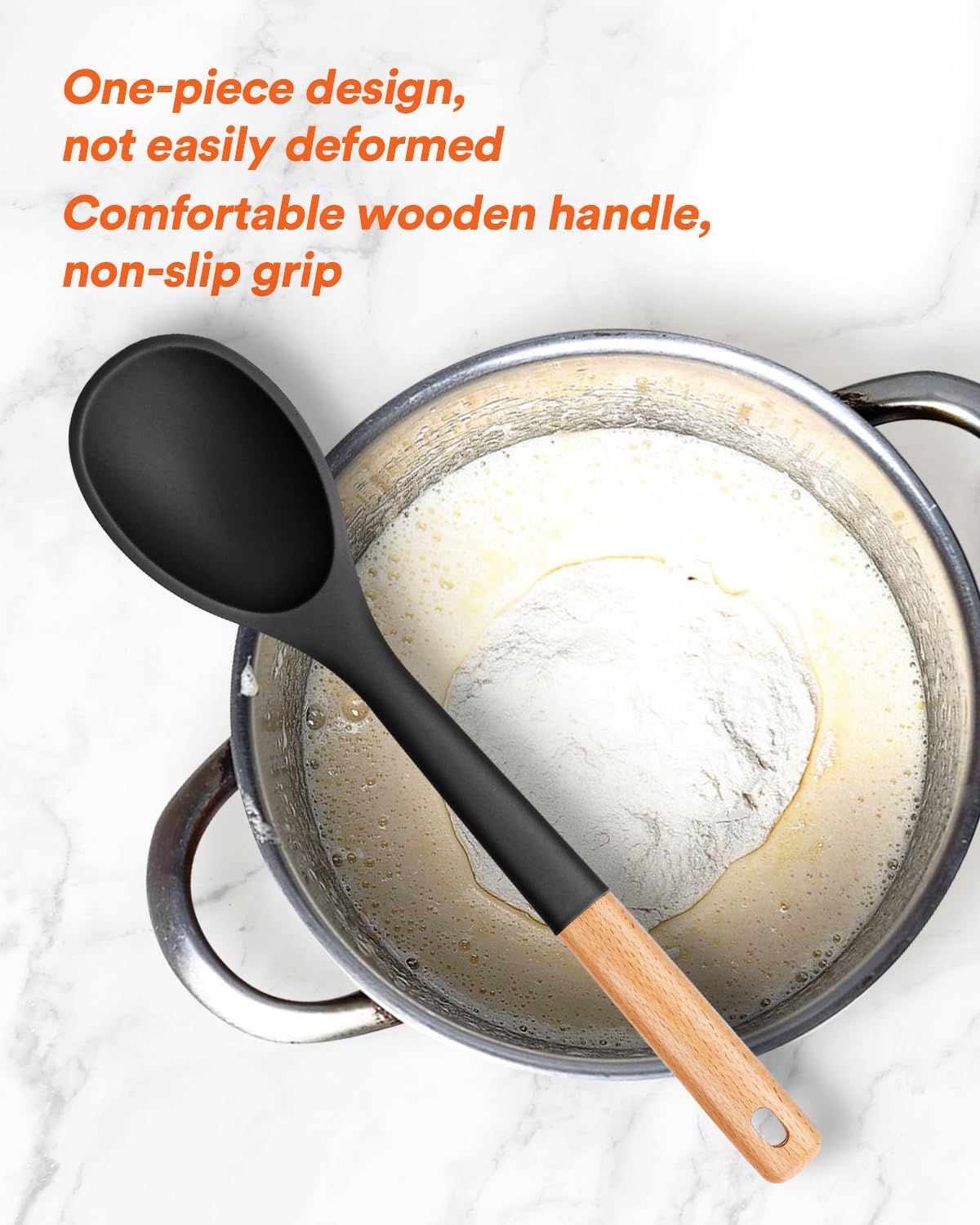 Large Silicone Cooking Spoons, Nonstick Solid Wooden Handle Spoon, Heat Resistan Silicone Kitchen Spoons for Cooking, Serving, Basting, Mixing, 13.2inch (Black)