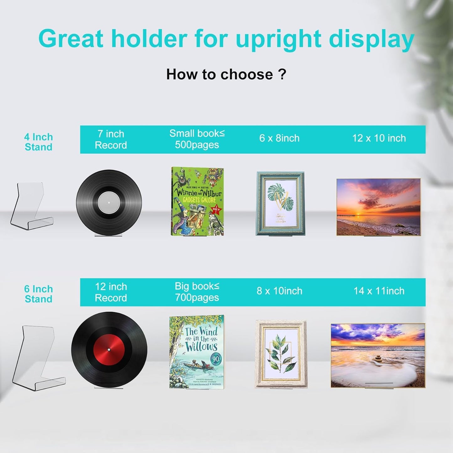 Boloyo Acylic Upright Display Stand, 6PC 6 Inch Clear Display Holder Easel Base Picture Frame for Home Office School Store to Display Book, Vinyl Record, Album, LP Cover, Artworks, CDs