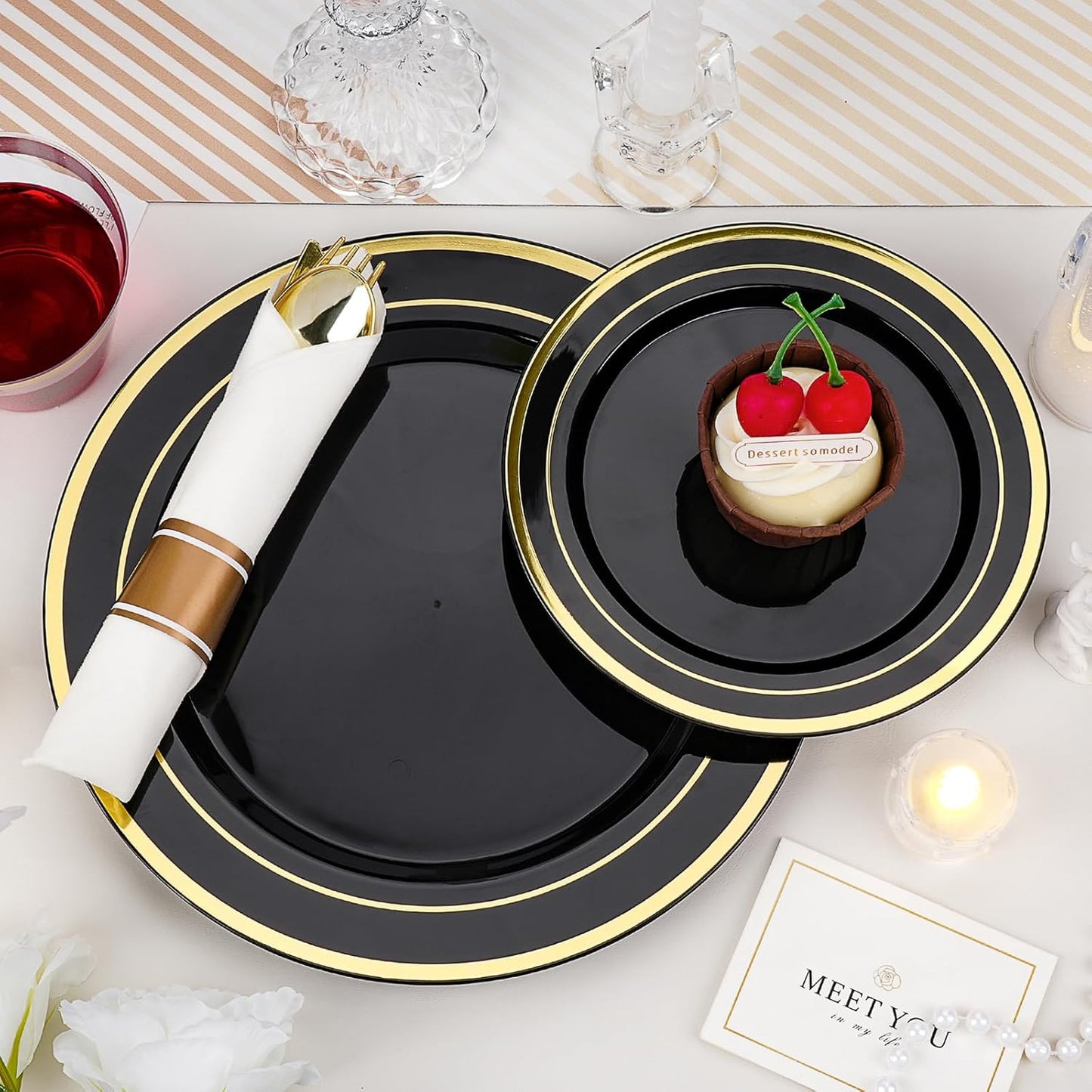 350 PCS Black Plastic Dinnerware Set for 50 Guests, 100 Disposable Plates for Party, 50 Pre Rolled Napkins with Gold Silverware, 50 Cups for Graduation