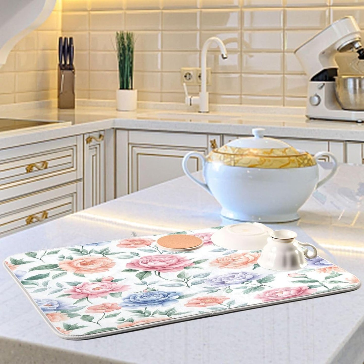 Watercolor Floral Peonies and Roses Dish Drying Mat for Kitchen Counter Super Absorbent Dishes Pad Reversible Microfiber Protector Dish Draining Mats 16x18 inch