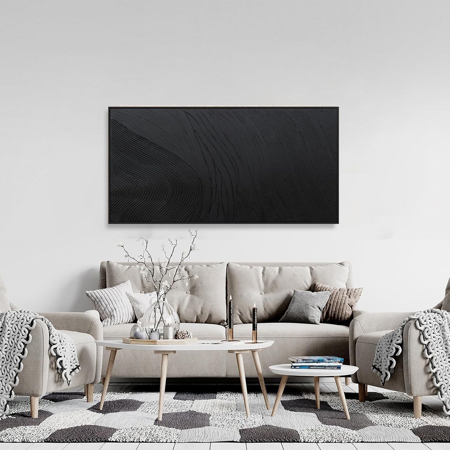 Black Wall Art Framed Abstract Canvas Pictures For Hand Painted Line Texture Wall Decor Modern Abstract Canvas Painting Artwork For Living Room Bedroom Home Office Wall Decorations Ready To Hang 20" X 40"