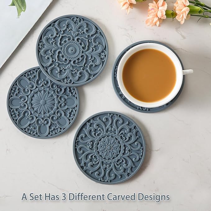 Colinda Silicone Coasters - Set of 6 with Holder, Non-Slip Cup Mats for Hot and Cold Drinks, Decorative Designs, Gift Ready Packaging, Warm Grey