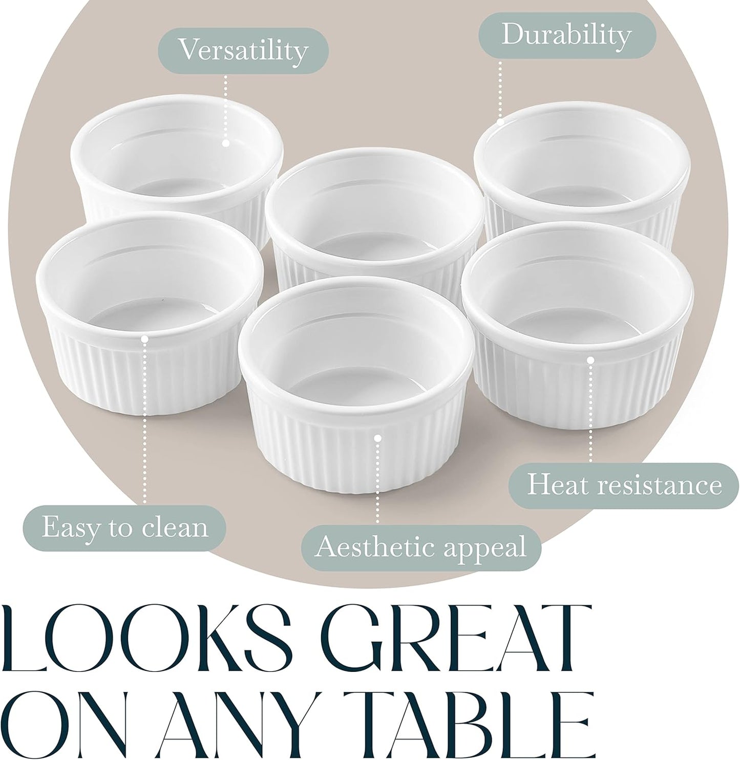Bellemain Creme Brulee 4 oz Ramekins | Mini Casserole Dish Set, Charcuterie Bowls, Pot Pie Baking Dishes, Soy Sauce Bowls | Fluted Porcelain Bowls, Ramekins Oven Safe to 500F, Set of 6 (White)