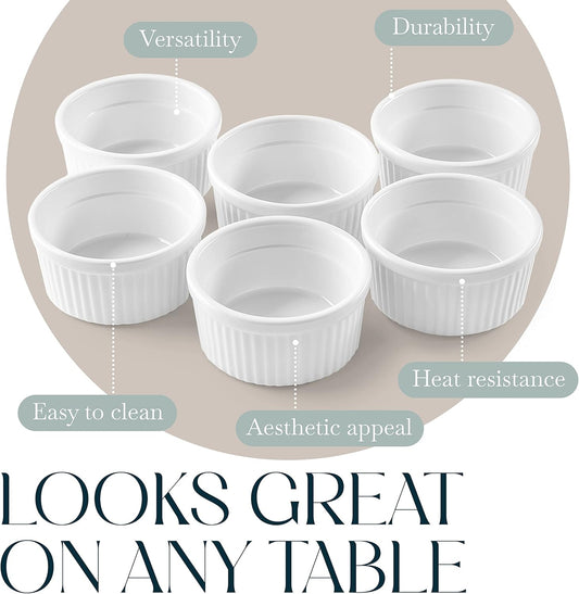 Bellemain Creme Brulee 4 oz Ramekins | Mini Casserole Dish Set, Charcuterie Bowls, Pot Pie Baking Dishes, Soy Sauce Bowls | Fluted Porcelain Bowls, Ramekins Oven Safe to 500F, Set of 6 (White)