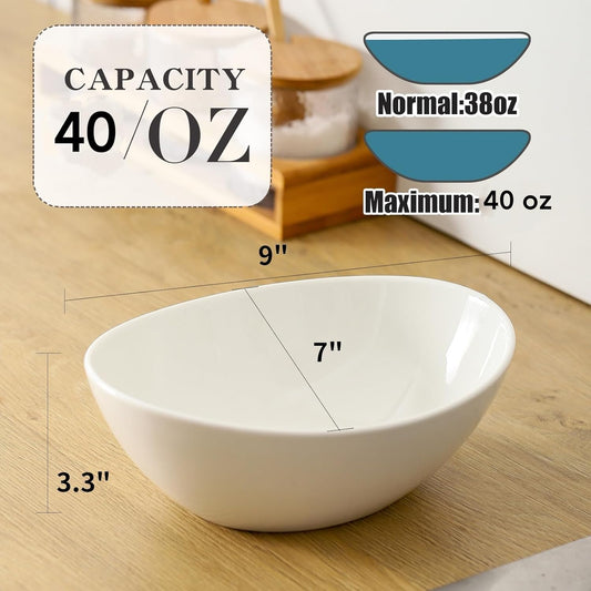 Hasense 40 OZ Salad Bowls Set of 4, Ceramic Serving Bowls for Kitchen, 9 Inch Ceramic Bowls Microwave and Dishwasher Safe for Ramen, Salad, Fruit, Pasta and Side dish, White
