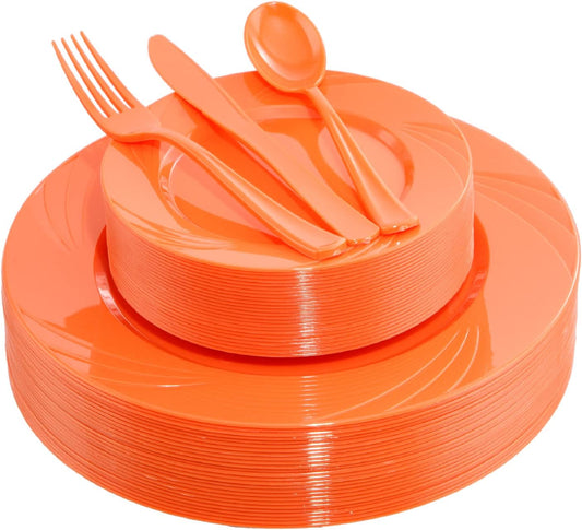 YOUBET 125Pieces Orange Plastic Plates - Orange Plate Disposable Include 50 Dinner & Dessert Plates 25 Forks 25 Knives 25 Spoons Perfect for Parties & Thanksgiving